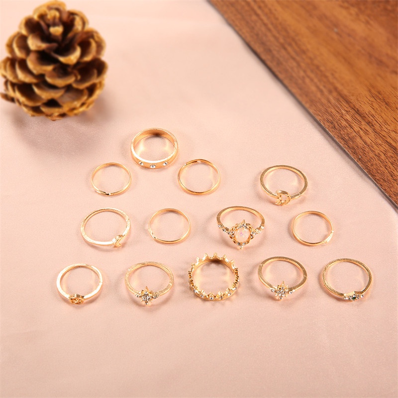 13pcs / Set Cincin Opal Bulan Bintang Mahkota Untuk Aksesoris Perhiasan Wanita