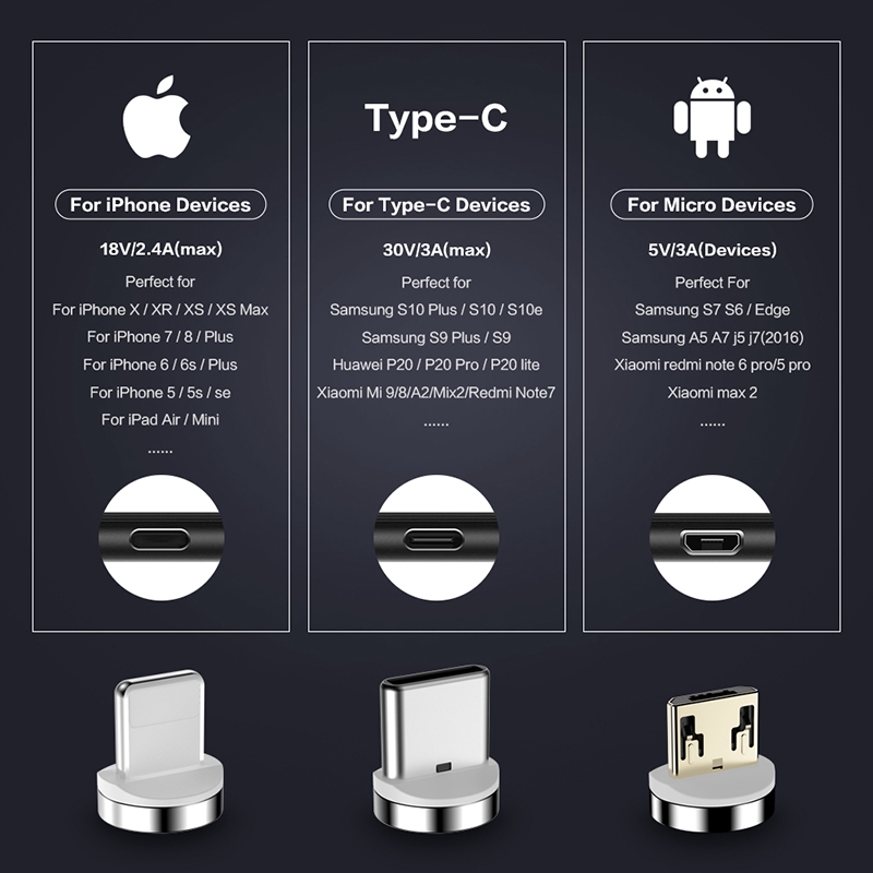 3A Kabel Data / Charger Lightning Micro USB Magnetik Fast Charging untuk iPhone / Samsung / oppo