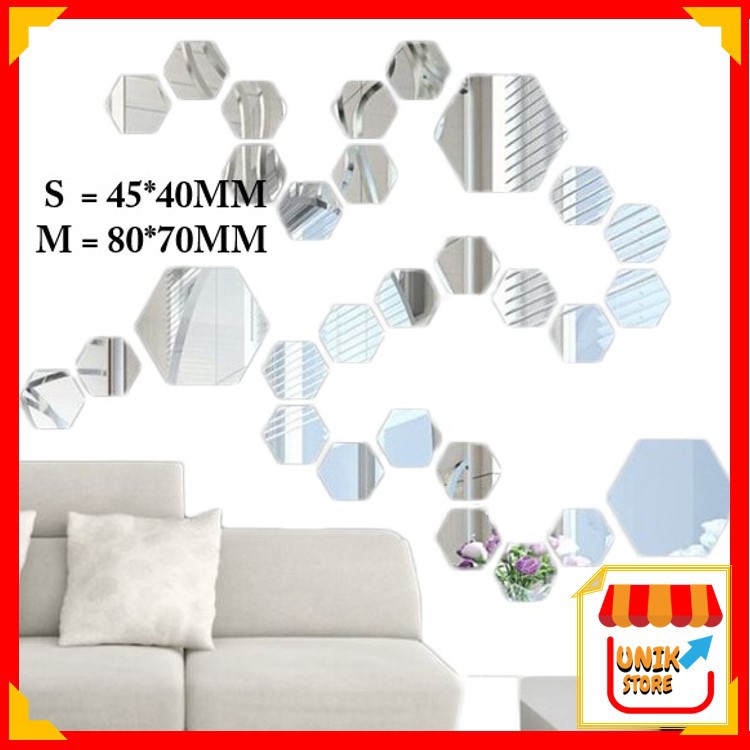 UNIK - 831 (12PCS) Kaca Cermin Hexagonal / Cermin Segi Enam / Stiker Cermin / Cermin Dinding