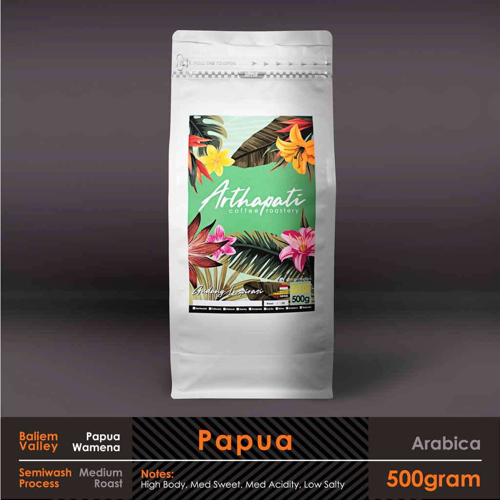 

Biji Kopi Papua Arabica Semi Washed Arthapati Roasted Beans Coffee 500 gram