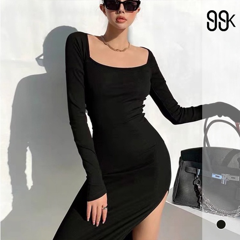 Korean Sexy Bodycon Square Neck Midi Dress Wanita Lengan Panjang 1444 (S-XL)