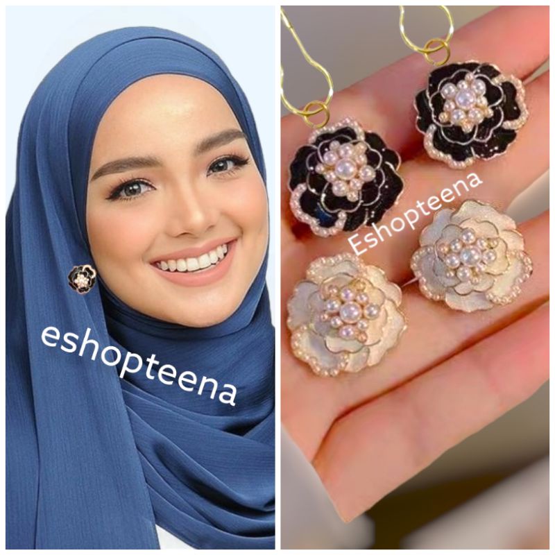 A163 anting hijab bunga mawar more pearl warna hitam_anting jilbab