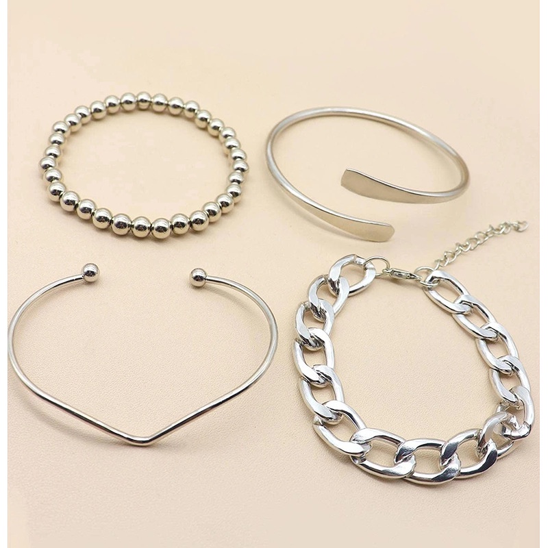 4pcs / Set Gelang Rantai Besar Tebal Gaya Punk Retro Bahan Metal Glossy Untuk Wanita