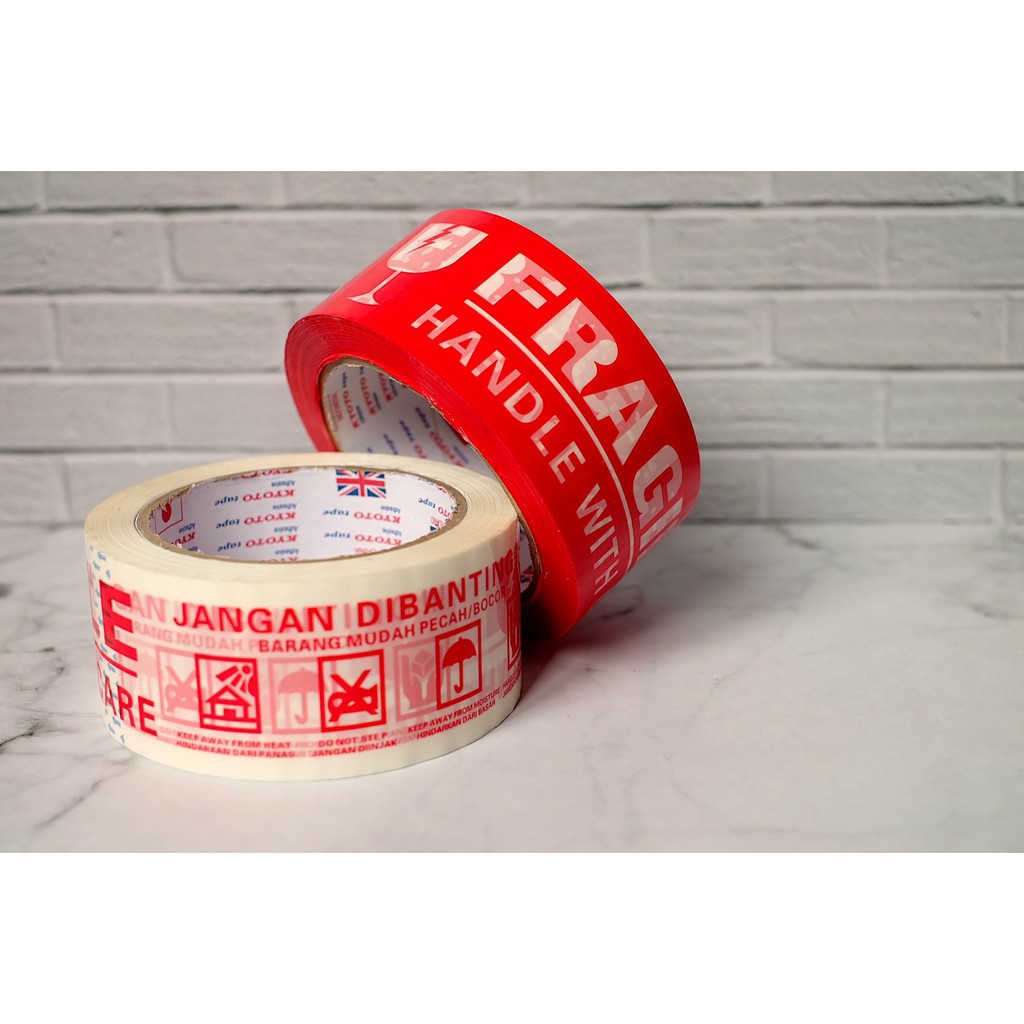 LAKBAN FRAGILE 48 MM 80 YARD - ISOLASI FRAGILE JANGAN DIBANTING ONLINE SHOP MERAH PUTIH SEGEL