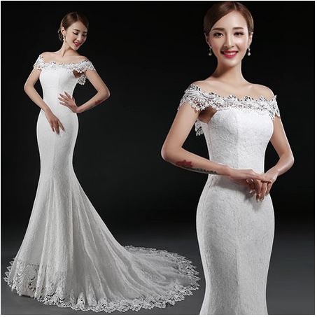 Gaun Pengantin Renda Pernikahan Gaun Body Slim Pengantin Putih Putri Duyung