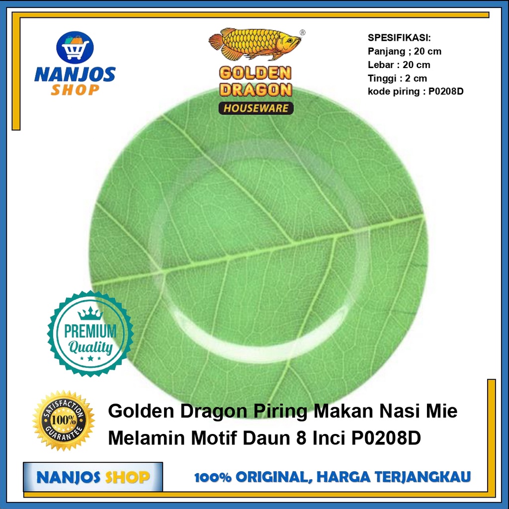 Golden Dragon Piring Makan Nasi Mie Melamin Motif Daun 8 Inci P0208D