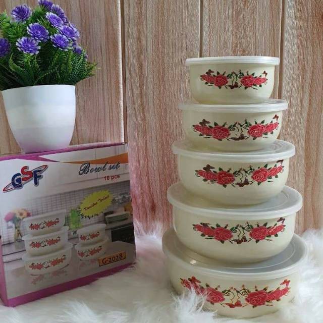 BOWL SET BUNGA GSF G-2028 / RANTANG SUSUN 5 MANGKOK SET BERANAK MANGKUK PENYIMPANAN MAKANAN MOTIF BUNGA GSF 2028 / GSF G-2028