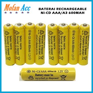 Battery Rechargeable AAA Ni-Cd Baterai Isi Ulang A3 600Mah Batre telepon remote mainan bisa cas lagi