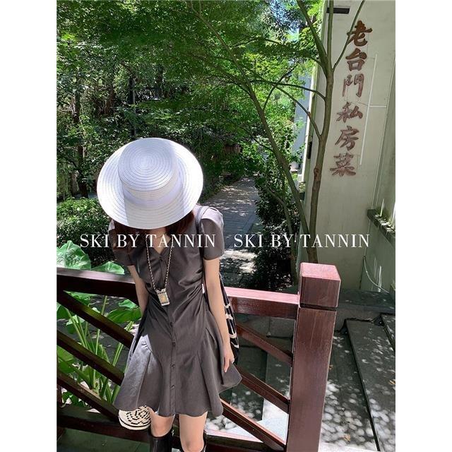 skibyTannin abu-abu lipit rok kemeja lengan engah v-neck desain gaun rok pendek musim panas wanita