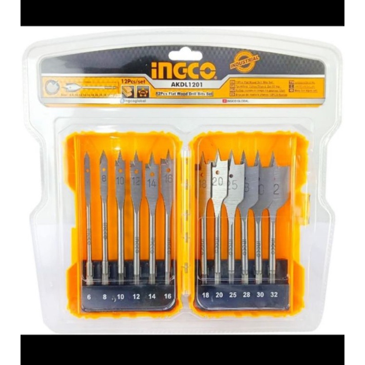 Ingco 12 pcs mata bor kayu kipas AKDL1201 Flat wood drill set 12pcs