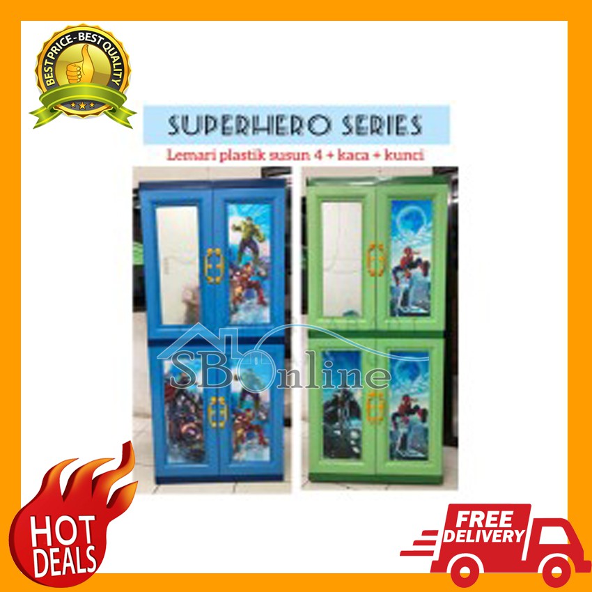 LEMARI PLASTIK SUSUN 4 KACA CERMIN KUNCI SUPERHERO SERIES