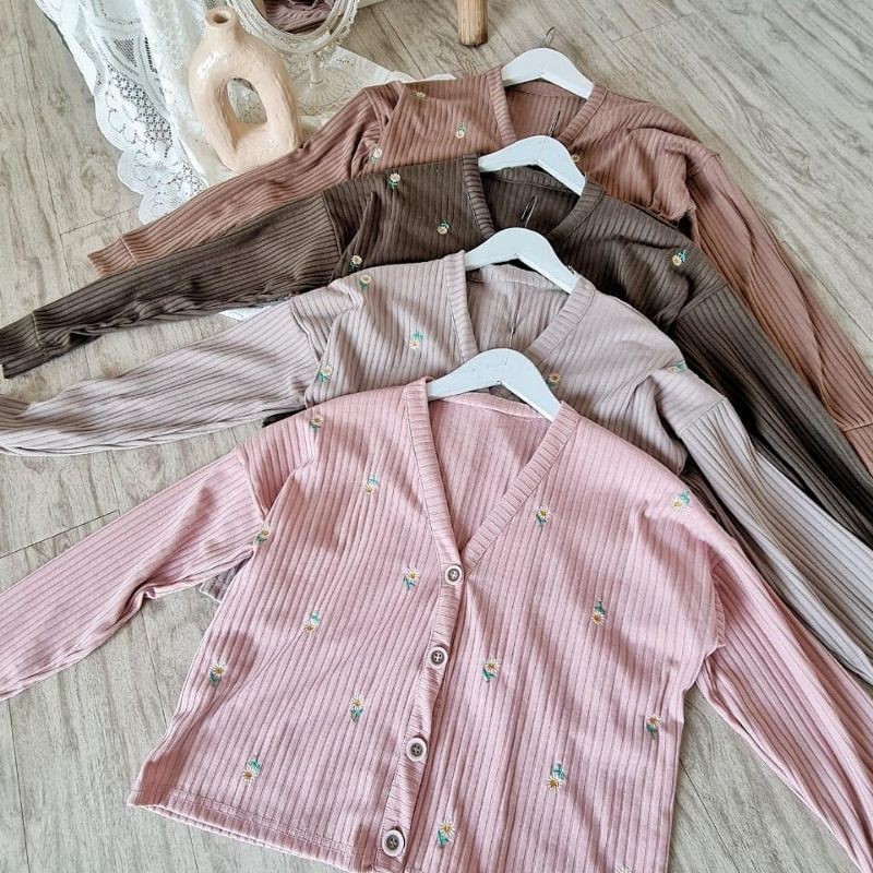 Cardigan Bordir Bunga Cantik knit cardi rajut pink Soft outer outwear daisy Kardigan wanita murah ca