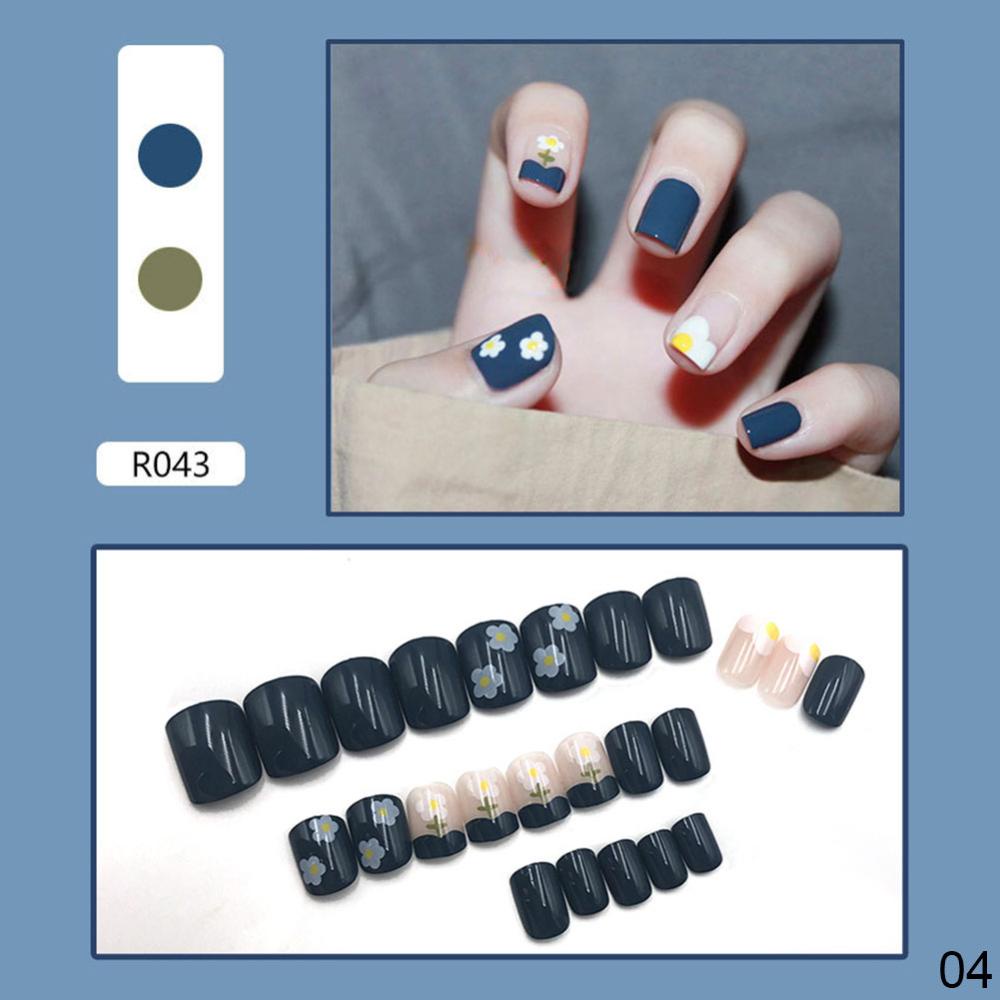 Timekey 24pcs / Set Kuku Palsu Full Cover Motif Bunga Aster Matte Dengan Lem Untuk Nail Art A7K4