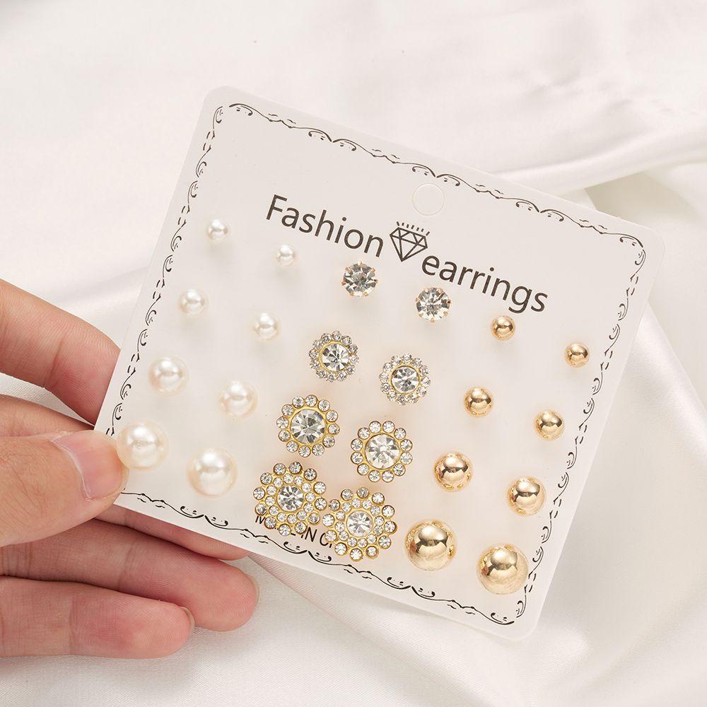 R-flower 12pasang/Set Anting Stud Set Fashion Perhiasan Tindik Berlian Imitasi Geometris