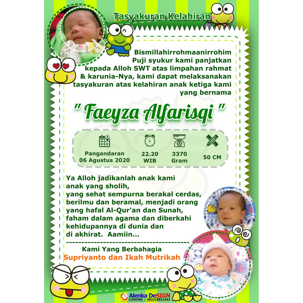 

Kartu Aqiqah/Kartu Kelahiran/Baby shower art paper 230 gsm full warna, Tema Keroppi