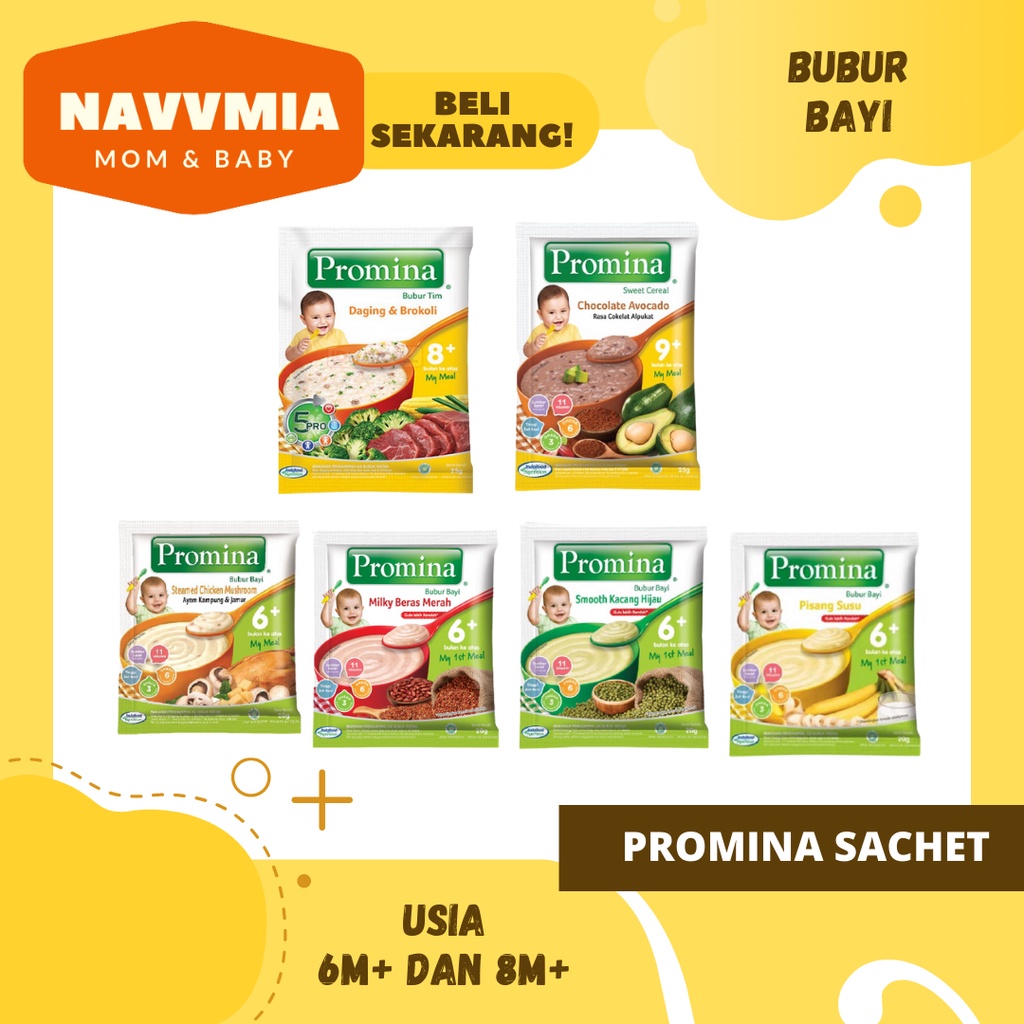 Promina Sachet Bubur Susu Bayi MPASI 6 Bulan Kacang Hijau Pisang Susu Beras Merah Steamed Chicken 20