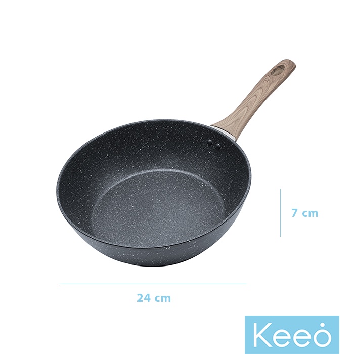 Keeo 24 cm Wajan Wok Penggorengan Anti Lengket Marble Granit Hitam
