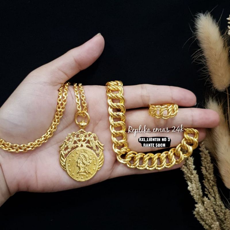 Set koin /rupiah  replika mas london(24k) high quality,awet,tahan lama,kalung,gelang,cincin(bca deskripsi)Grts Box