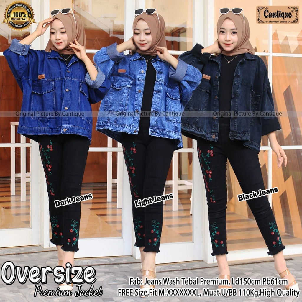 OVERSIZE PREMIUM JACKET BY CANTIQUE ATASAN OUTWEAR JAKET JEANS JUMBO WANITA CASUAL BAHAN JEANS WASH 