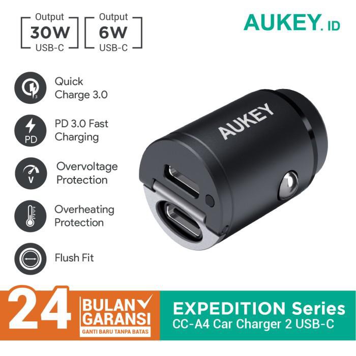 Aukey Car Charger 2 Port Type C 30w PD &amp; QC - 500593 / 500838