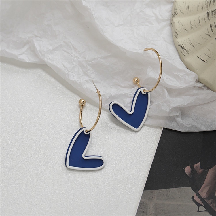 Anting stud Desain Hati Warna Biru Gaya Perancis