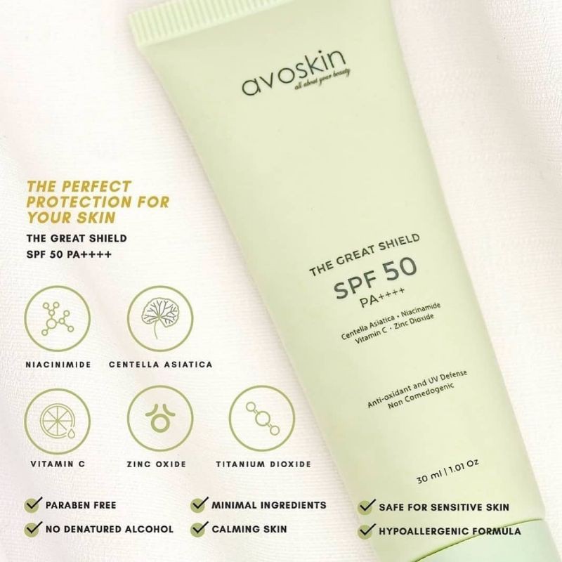 Avoskin The Great Shield Sunscreen Trial Mini 5ml dan Fullsize 30ml (Tabir Surya SPF 50 Avo Skin)