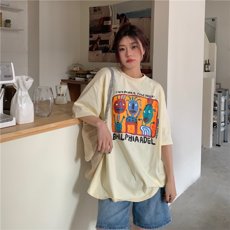 baju atasan wanita doodle abstract painting graphic printing t shirt korean style lengan pendek kaos hitam