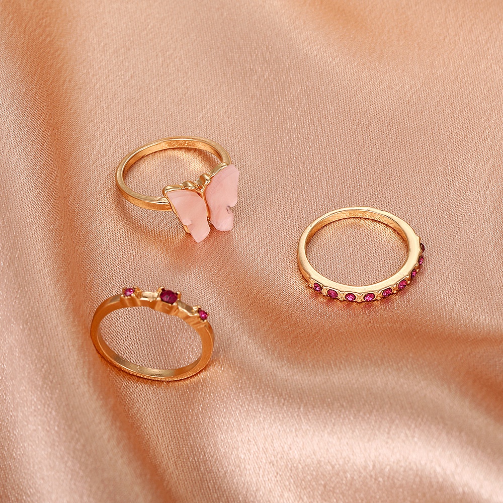 3 Pcs/Cincin Logam Kupu-kupu Pink Romantis Set Cincin Wanita Batu Permata Merah Modis