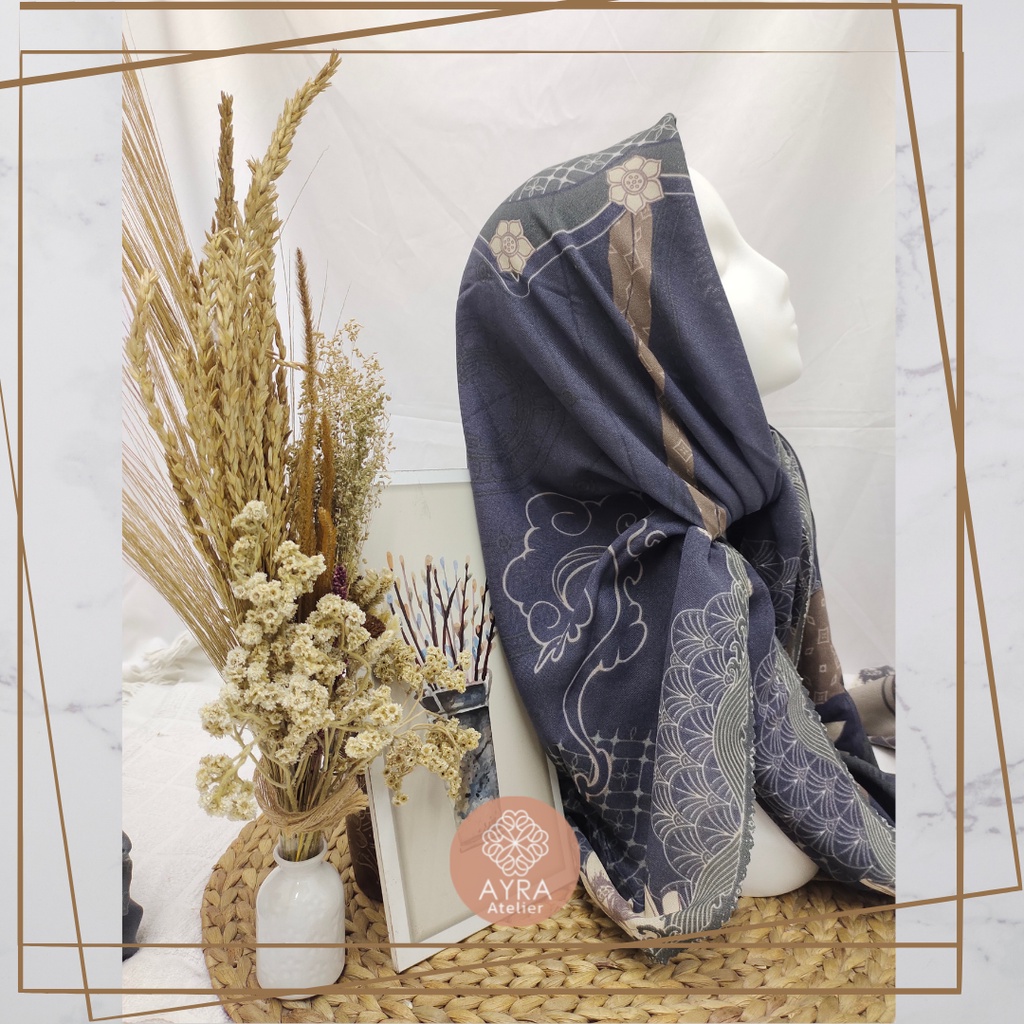 HIJAB SYARI SEGIEMPAT KERUDUNG JUMBO MOTIF JILBAB BESAR KERUDUNG JUMBO LASERCUT 130 cm JILBAB SYAR'I 130cm azzura Aubrey-D Denim