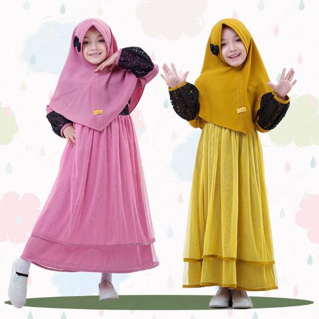 LABELLA 2-3 tahun Gamis Anak INDIRA Tutu Pesta warna Pink Navy dan Lime