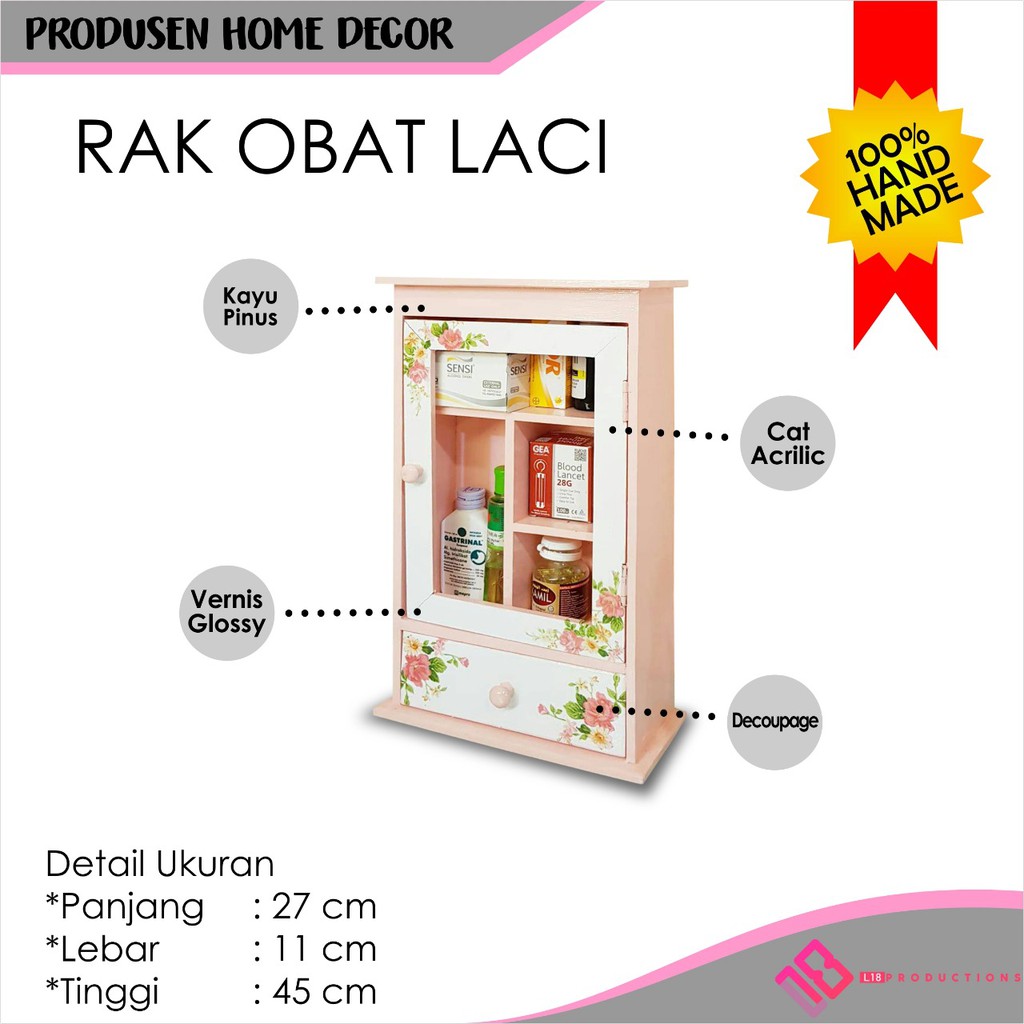 Dine Wood Rak Kotak Obat P3k Tempat Penyimpanan Gantung Dinding Kayu Laci Decoupage  Hiasan Dekorasi