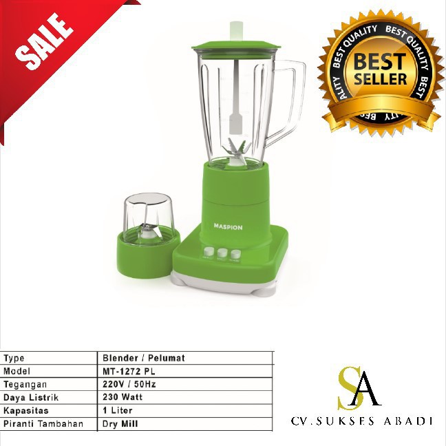 MASPION MT 1272 PL MT-1272PL BLENDER PLASTIK 2 in 1 1 Liter 1L HIJAU