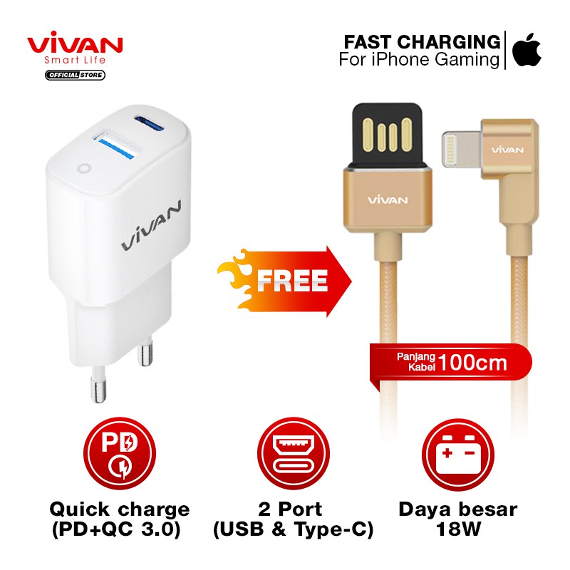 Charger Fast Charging VIVAN 2 Port USB QC3.0 &amp; Type-C (PD) 3A 18W Free Kabel USB Micro/iPhone/Type C