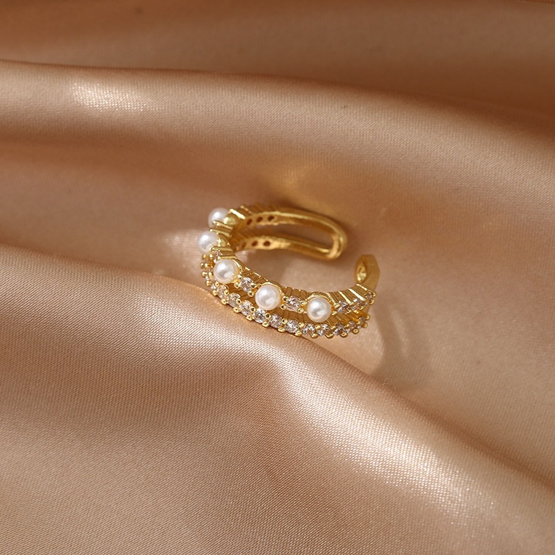 Cincin Model Terbuka Aksen Mutiara Dan Berlian Gaya Korea