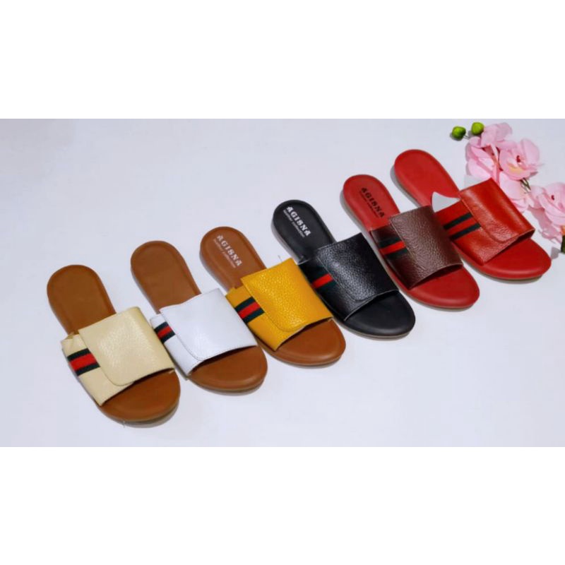 sandal kulit wanita teplek polet pinggir