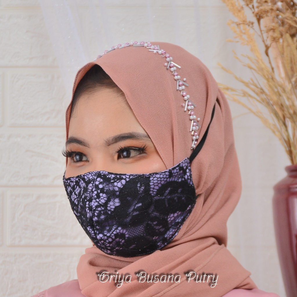 Masker Brokat Hitam utk pesta wedding ijab akad nikah resepsi pengantin, masker brokat Black premium