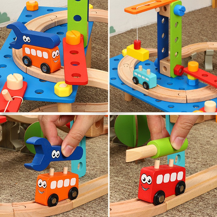 TAO Mainan kayu anak Construction Train Track Toys