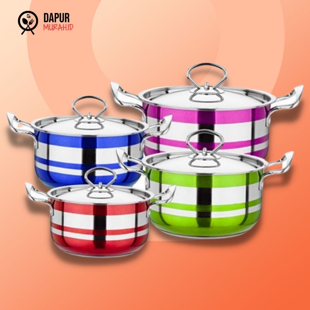 Panci Cookware Set stainless steel isi 4 pcs + Tutup Corak Garis - Warna