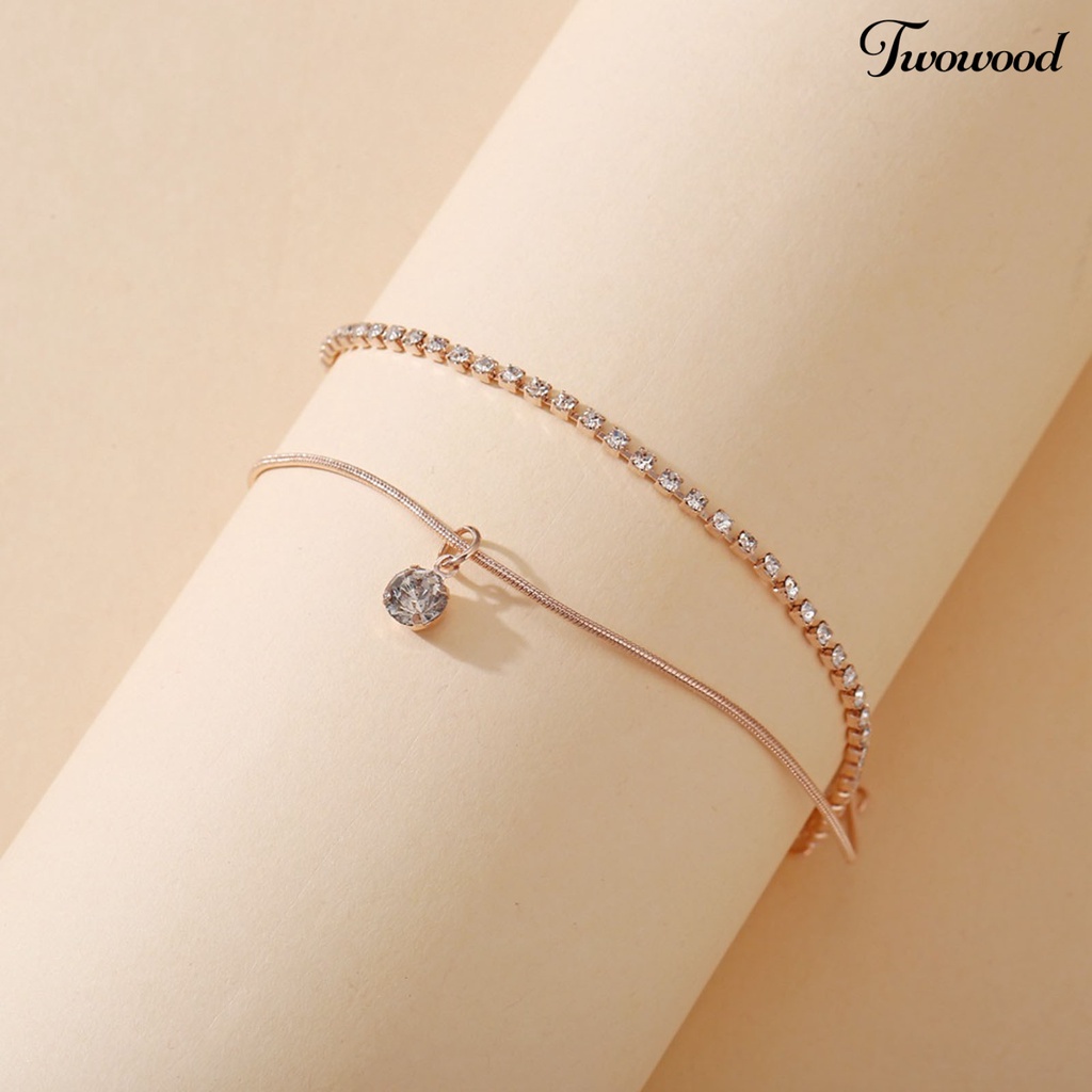 Twowood Double Layered Rhinestone Pendant Women Anklet Alloy Full Rhinestone Snake Chain Beach Anklet Foot Jewelry