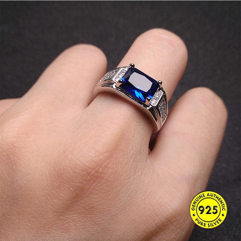 Cincin Model Terbuka Aksen Sapphire Bahan S925 Silver Untuk Pria