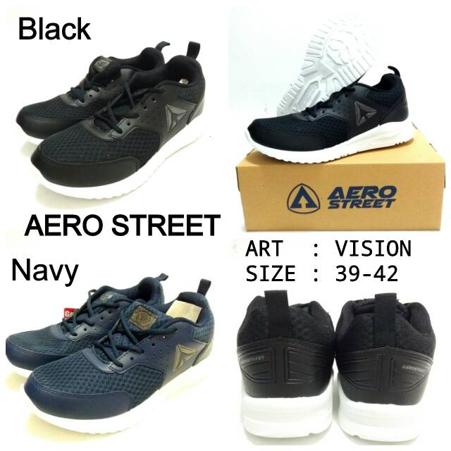 SEPATU TALI RUNNING OLAHRAGA TENNIS OUTDOOR PRIA AERO STREET VISION BLACK DAN NAVY TERMURAH 39-42