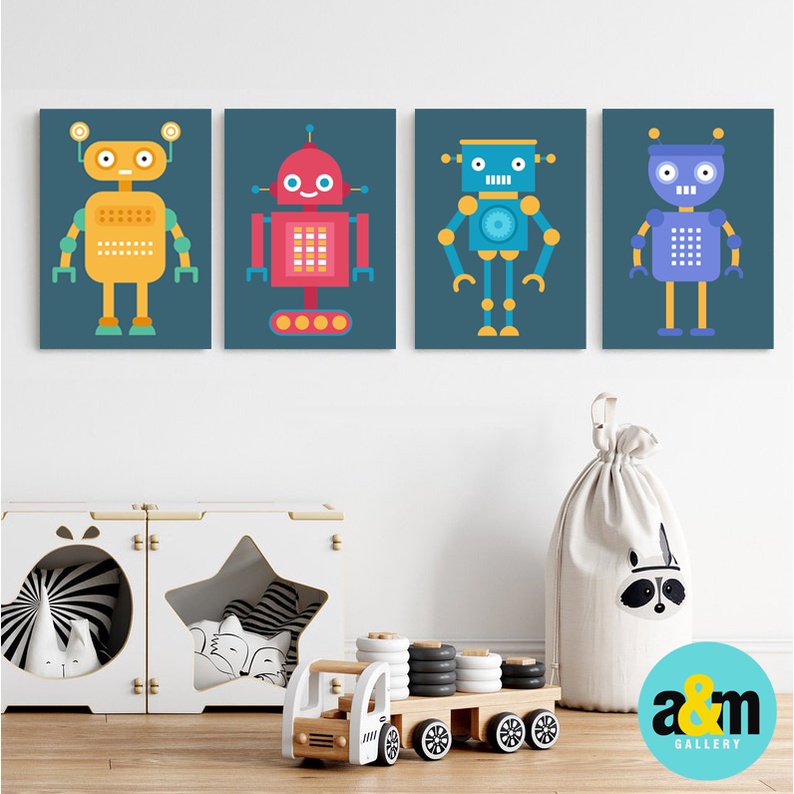 Poster Kayu Hiasan Dinding Kamar Bayi dan anak Gambar ROBOT ( A4 ) Dekorasi Kamar anak Wall decor Edukasi Gambar Tema ROBOT - A&amp;M
