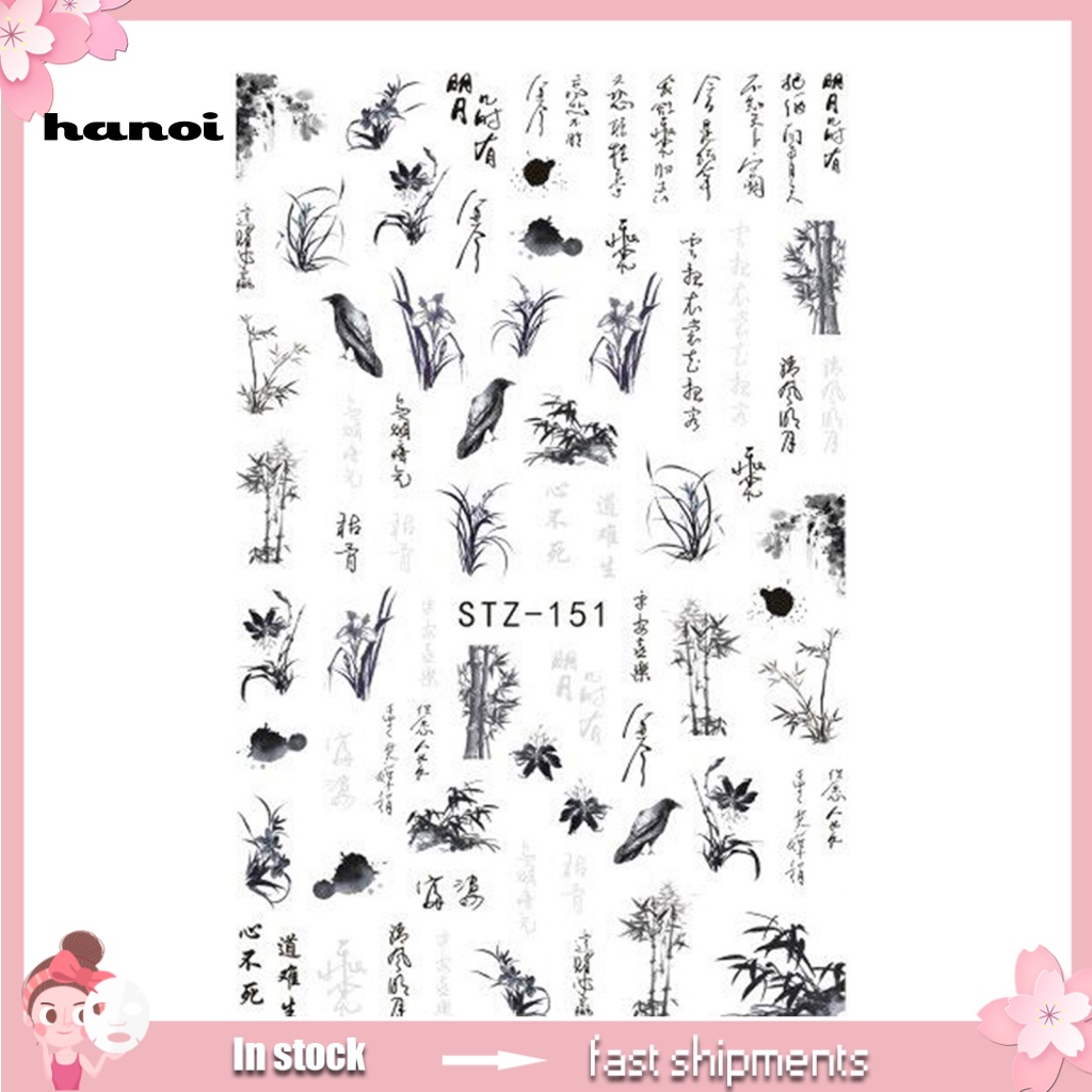 Han_ 3 Lembar Stiker Kuku Motif Bunga Hitam Model Vintage Untuk Nail Art