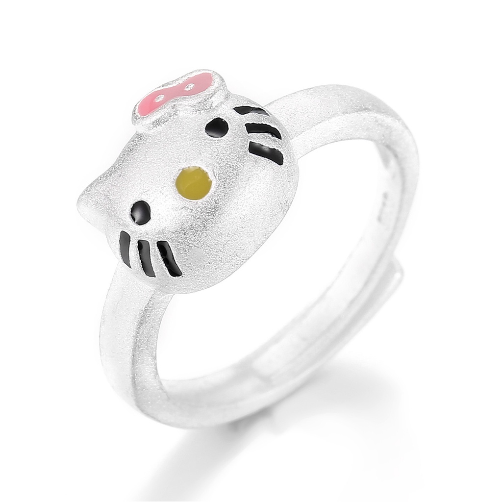 Cincin Model Terbuka Desain Kartun Hello Kitty Bahan Stainless Steel Lapis Silver Untuk Wanita