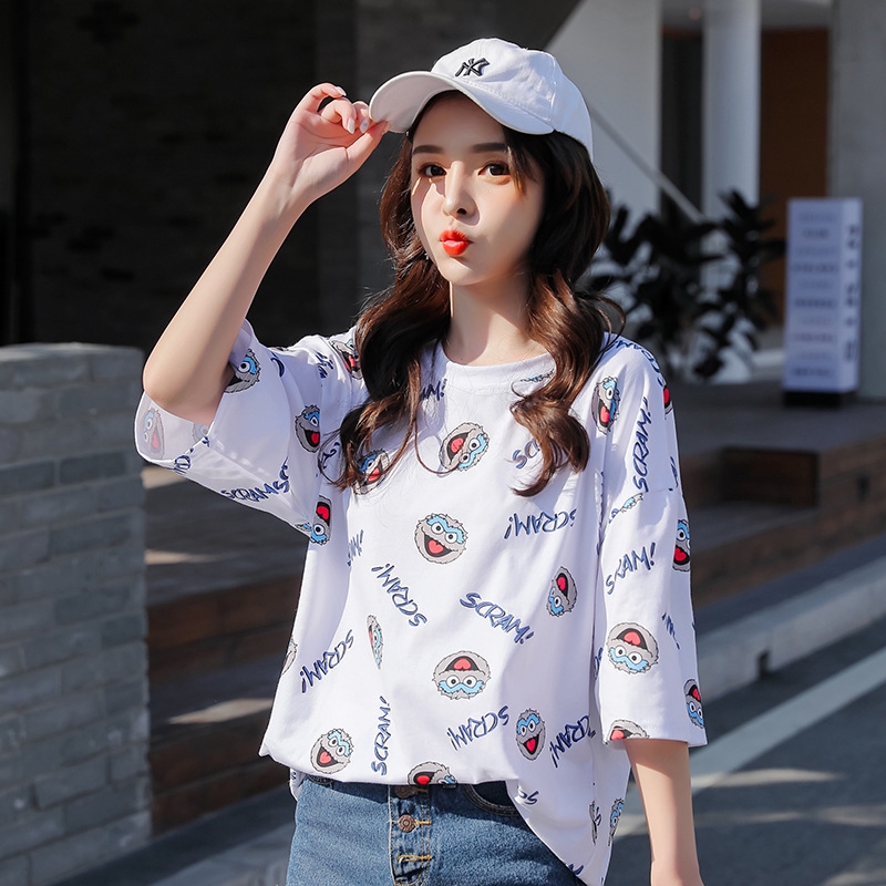  Kaos  T shirt Wanita  Lengan  Pendek  Model Longgar Motif 