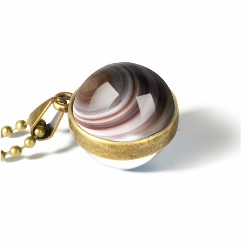 Kalung Rantai Dengan Liontin Bola Kaca Motif Planet Galaksi Dua Sisi