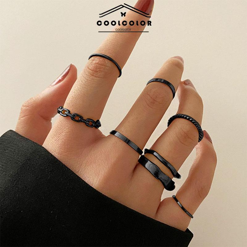 COD🩸7pcs/set Cincin Korea Hitam Gaya Punk Aesthetic Anti Karat Dan Anti Alergi Cincin Titanium Pria Keren Untuk Wanita Ring Jewelry  Perhiasan Aksesoris