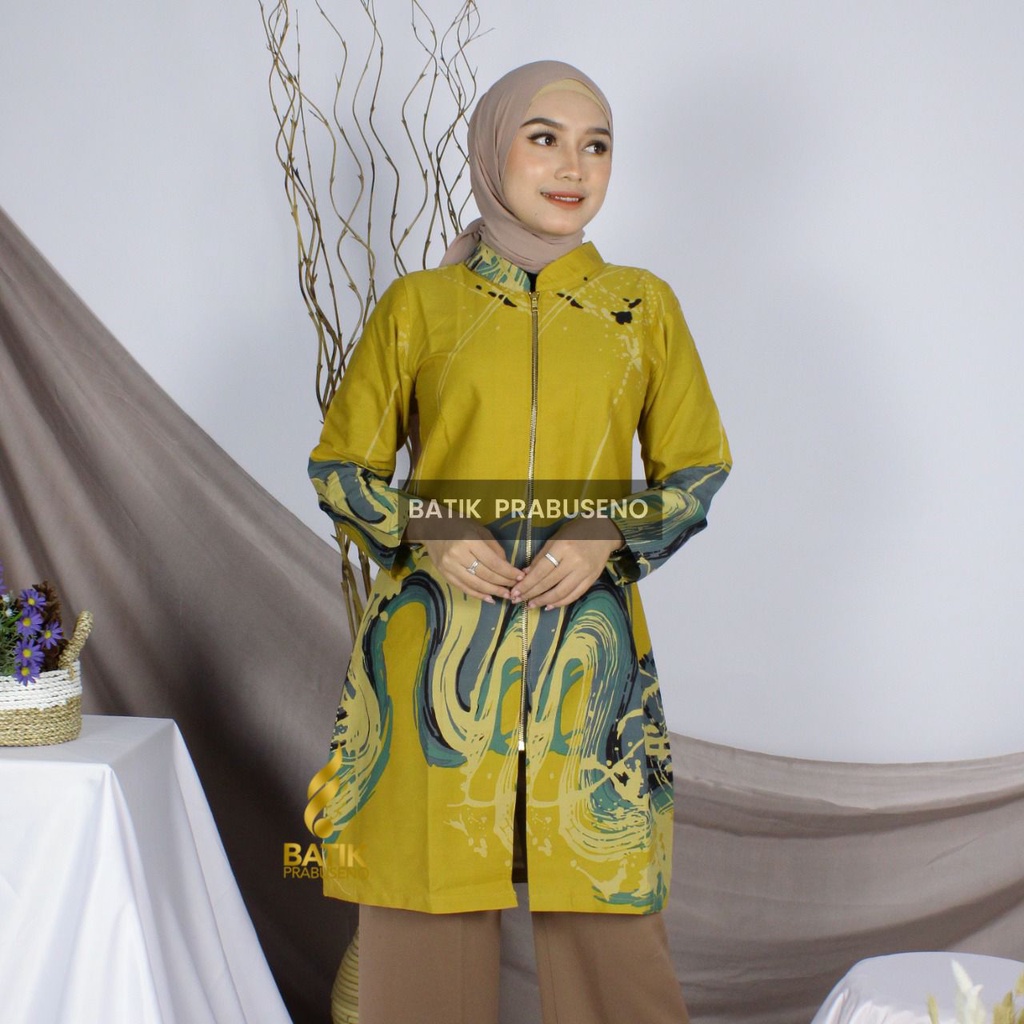 Pamella Kuning Batik Tunik Jumbo Kualitas Premium Original Prabuseno Batik Modern Hijab Seragam Bati