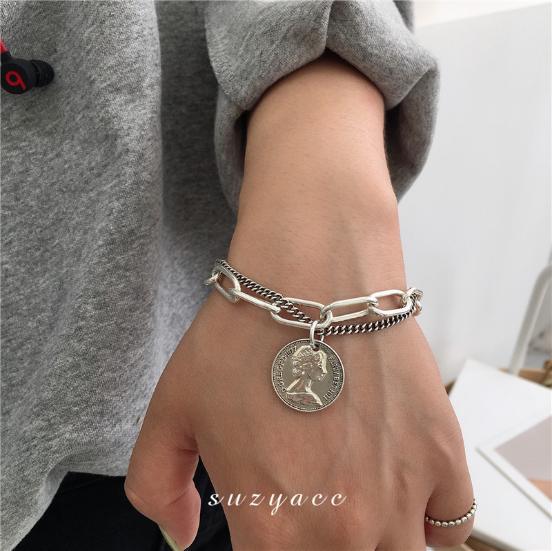 Korean Retro Fashion Portrait Coin Silver Bracelets Personality Creative Chain Multilayer Bracelet Jewelry Accessories