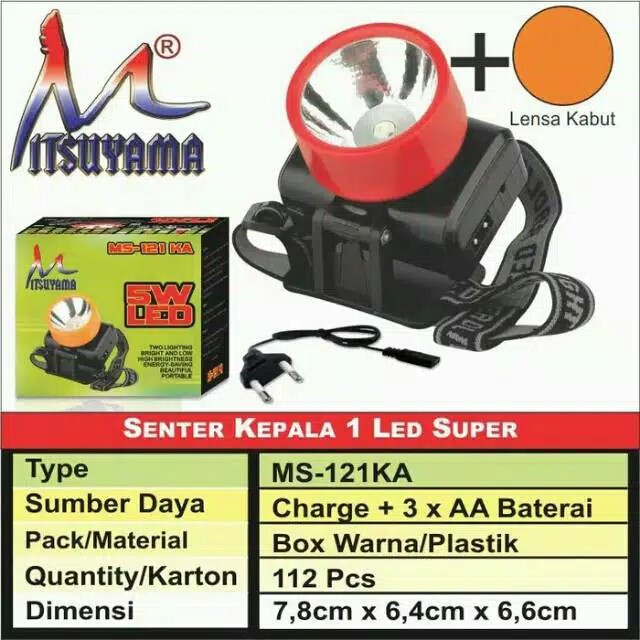 Senter Kepala Emergency / Head Lamp Super LED 5 Watt Putih MITSUYAMA MS-121KA AC/DC